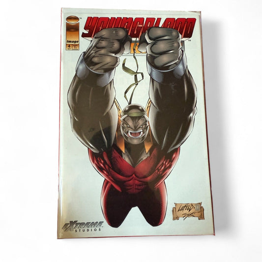 Image Comics “Youngblood” comic issue #4 (February 1993) featuring Rob Liefeld’s art and the second appearance of Prophet, energetic superhero team battle.  
