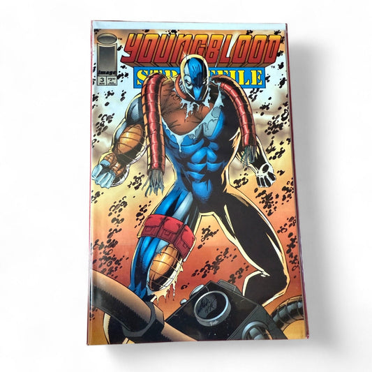 A high‑quality Image Comics Youngblood Strikefile issue 3 comic book cover featuring Die‑Hard in action, mint condition collectible.
